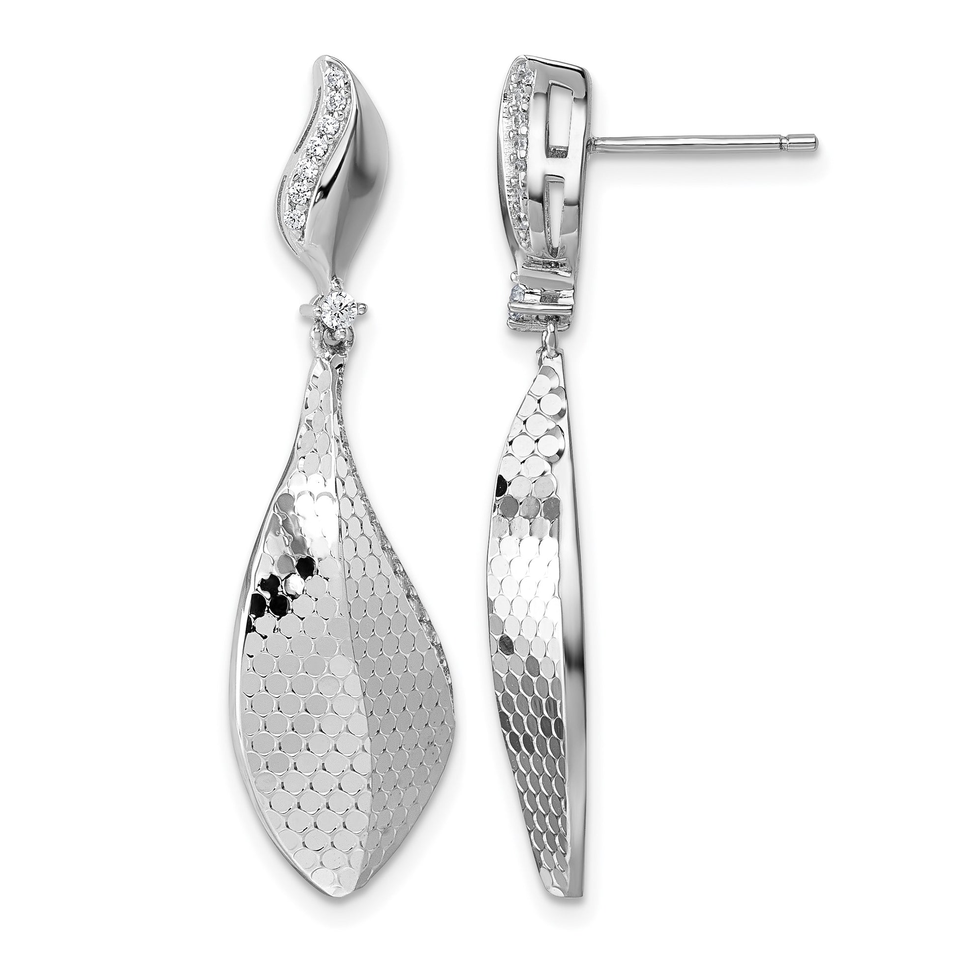 Sterling Silver Rhodium-plated CZ Polished Textured Abstract Tear Drop Dangle Post Earrings