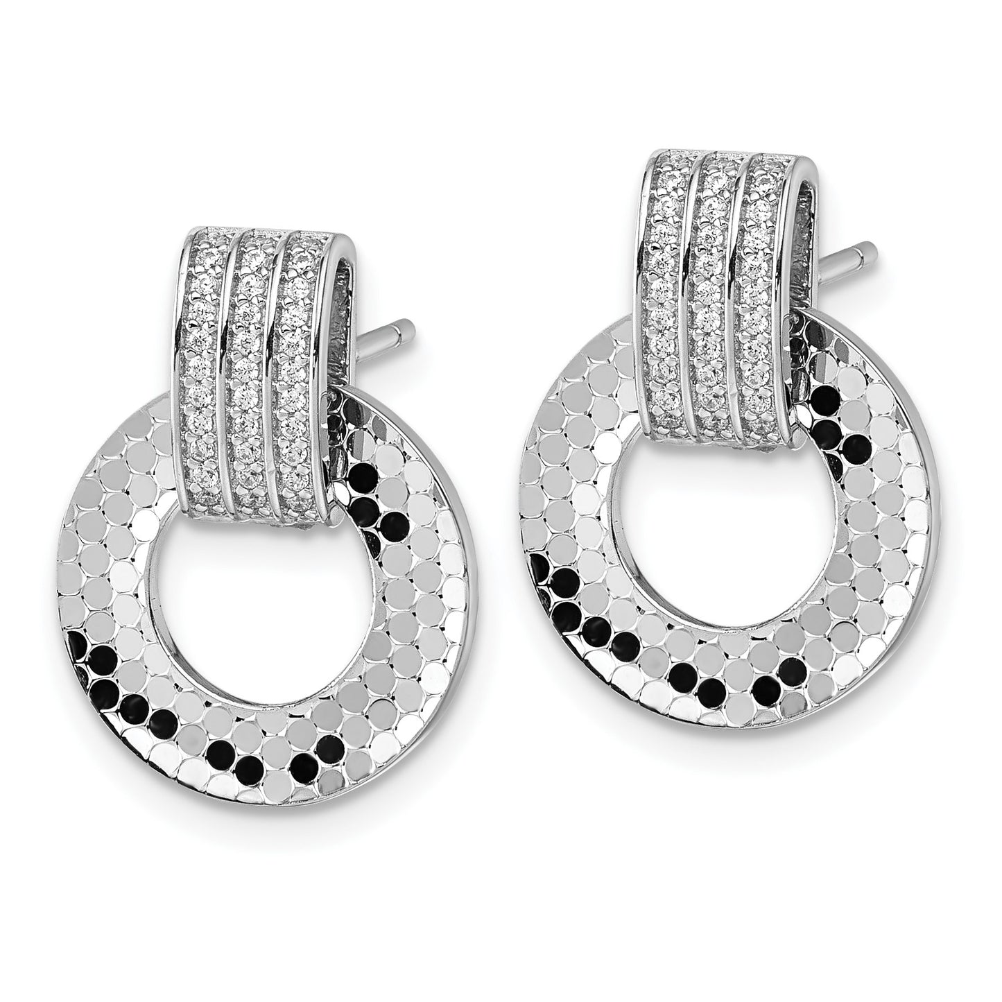 Sterling Silver Rhodium-plated CZ Polished Textured Moveable Circle Doorknocker Dangle Post Earrings