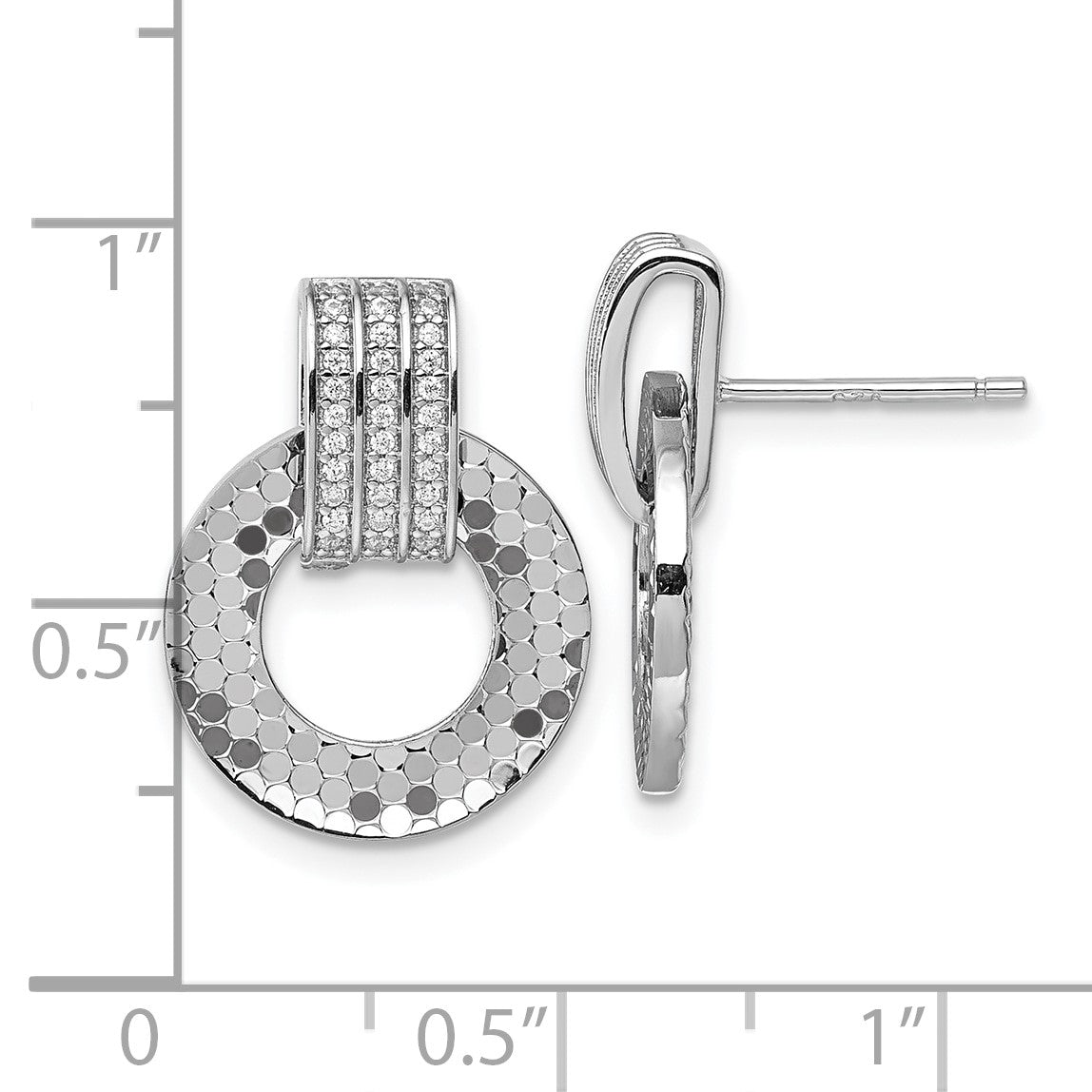 Sterling Silver Rhodium-plated CZ Polished Textured Moveable Circle Doorknocker Dangle Post Earrings