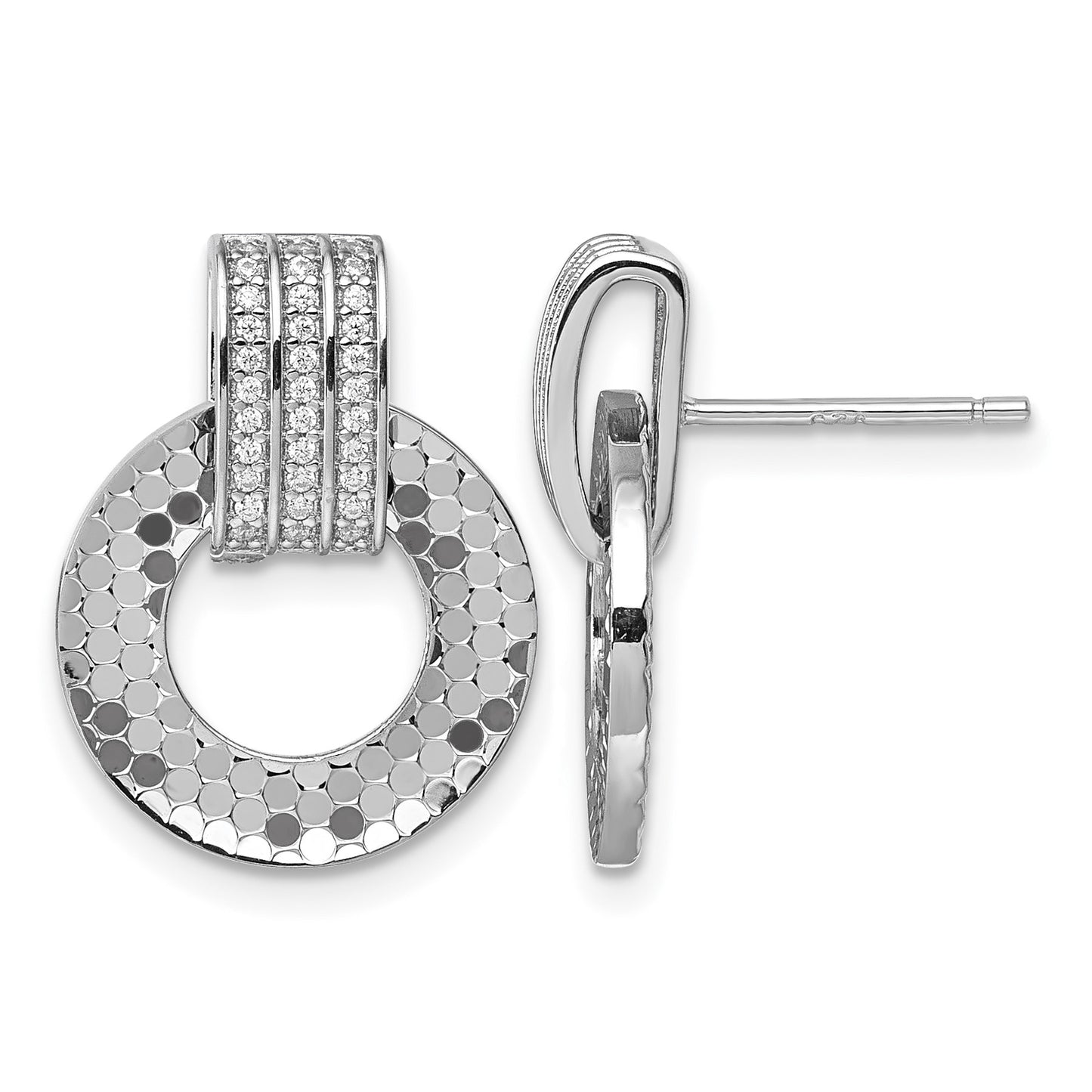 Sterling Silver Rhodium-plated CZ Polished Textured Moveable Circle Doorknocker Dangle Post Earrings