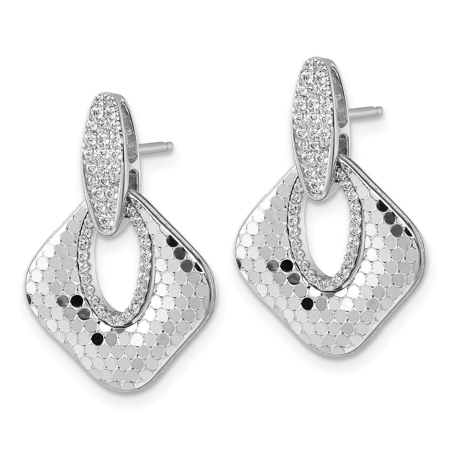 Sterling Silver Rhodium-plated CZ Polished Textured Doorknocker Dangle Post Earrings