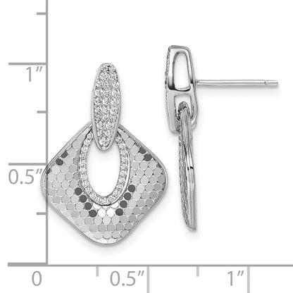 Sterling Silver Rhodium-plated CZ Polished Textured Doorknocker Dangle Post Earrings