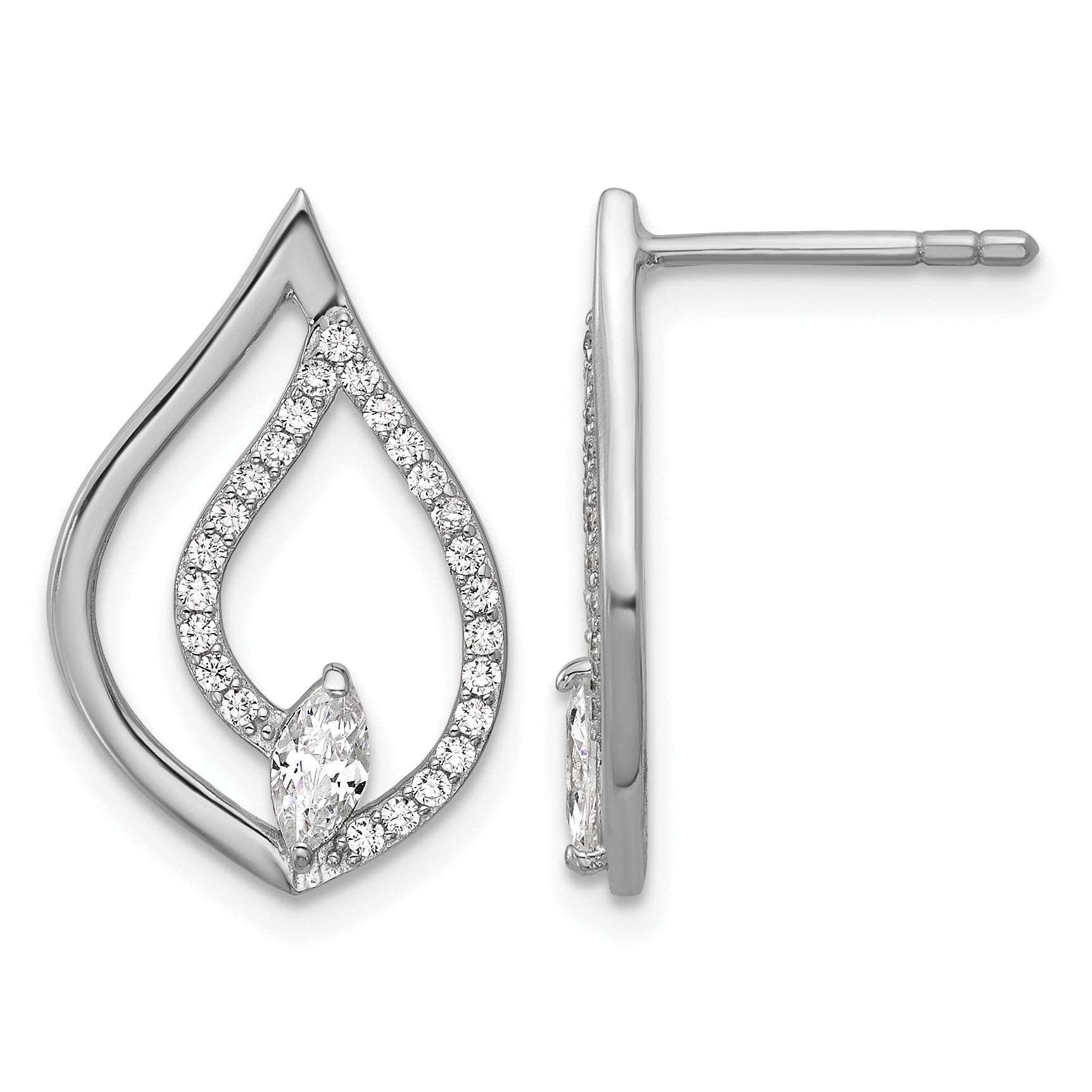 Sterling Silver Rhodium-plated Marquise CZ Polished Teardrop Post Earrings
