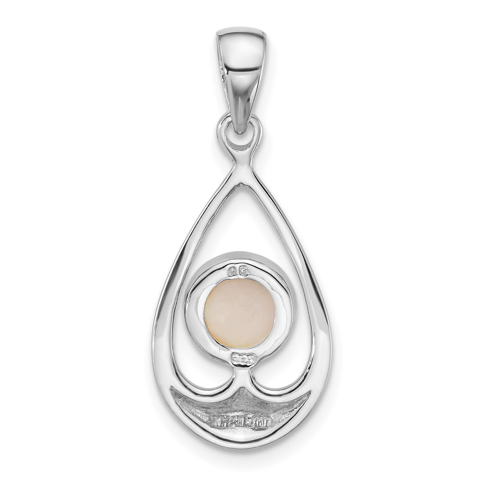 Sterling Silver Rhodium-plated Polished Round Mother of Pearl in Teardrop Pendant