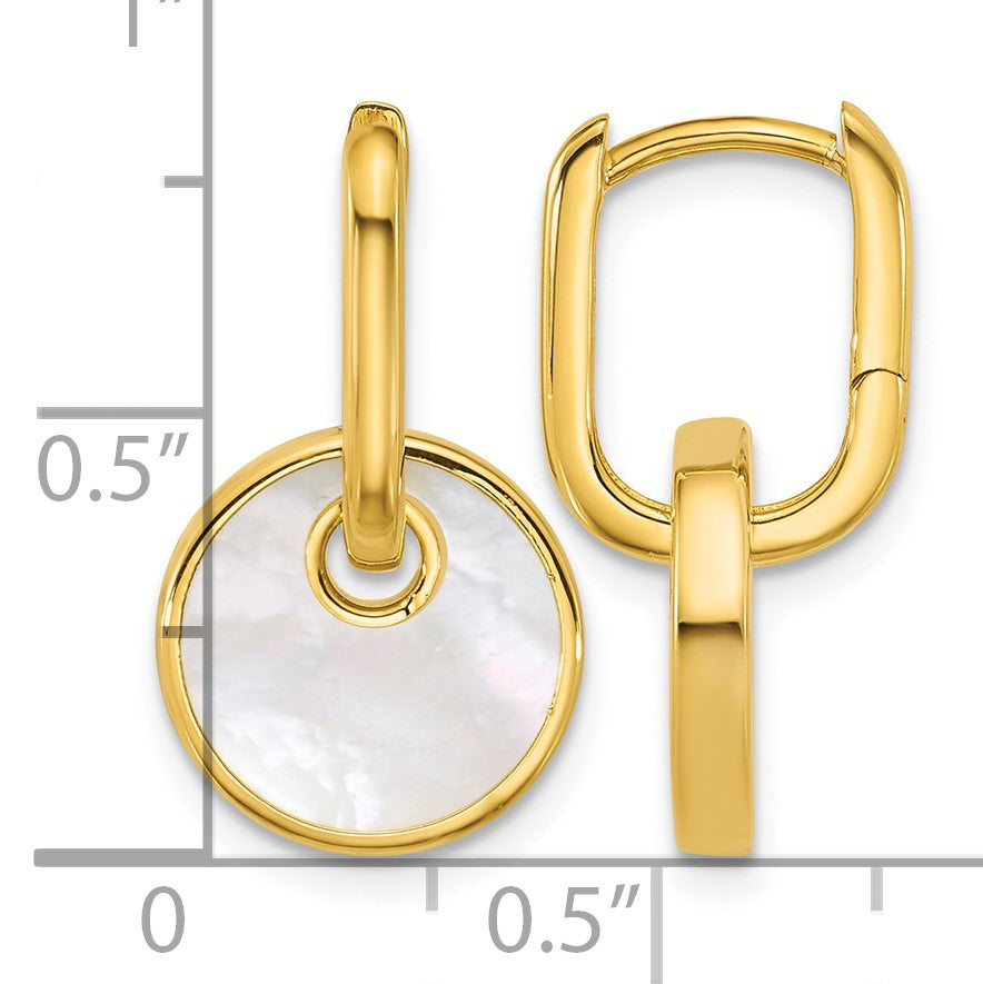 Sterling Silver Gold-plated Polished Mother of Pearl Circle Drop Hinged Hoop Earrings