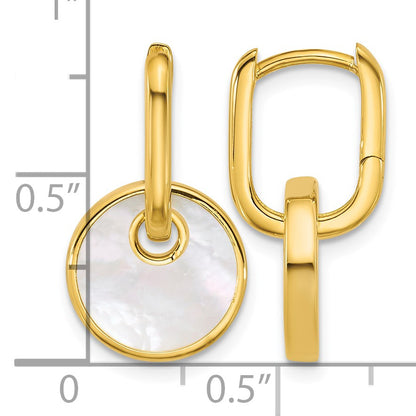 Sterling Silver Gold-plated Polished Mother of Pearl Circle Drop Hinged Hoop Earrings