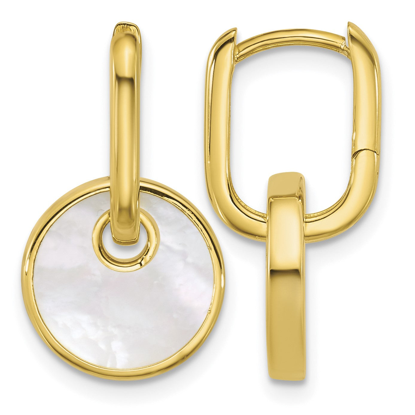 Sterling Silver Gold-plated Polished Mother of Pearl Circle Drop Hinged Hoop Earrings