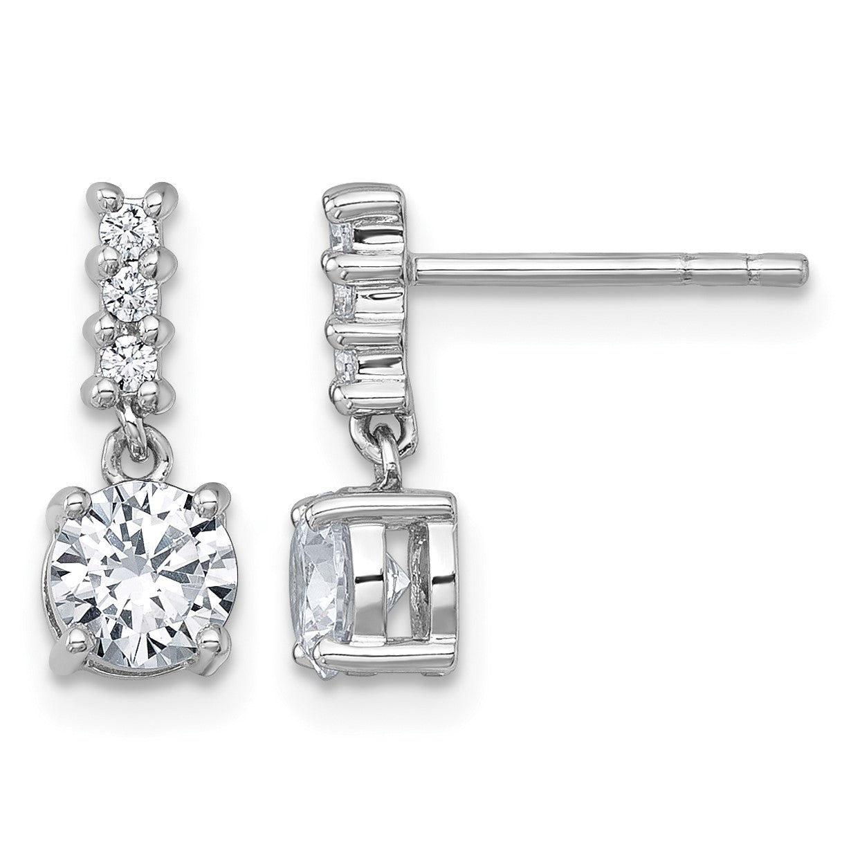 Sterling Silver Rhodium-plated Polished Round CZ Post Dangle Earrings