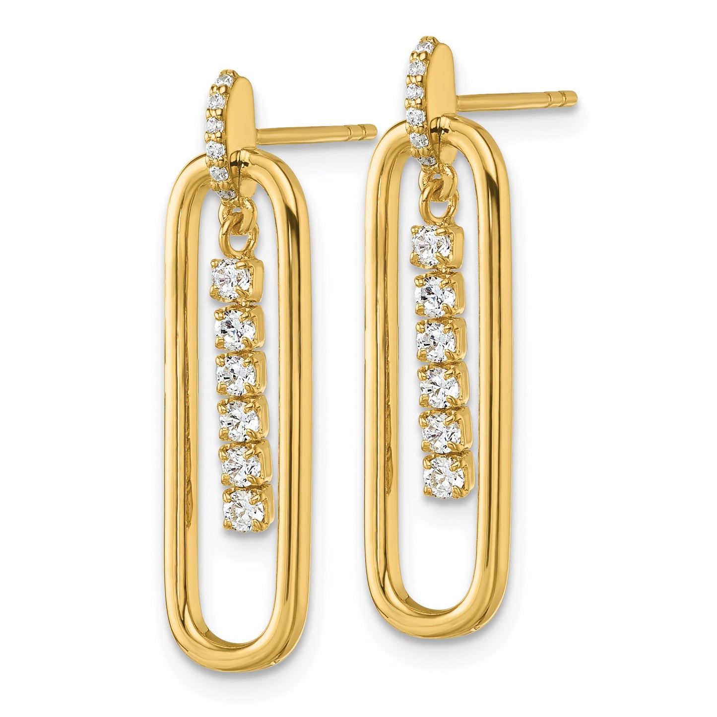 Sterling Silver Gold-tone with White CZ Oblong Dangle Post Earrings