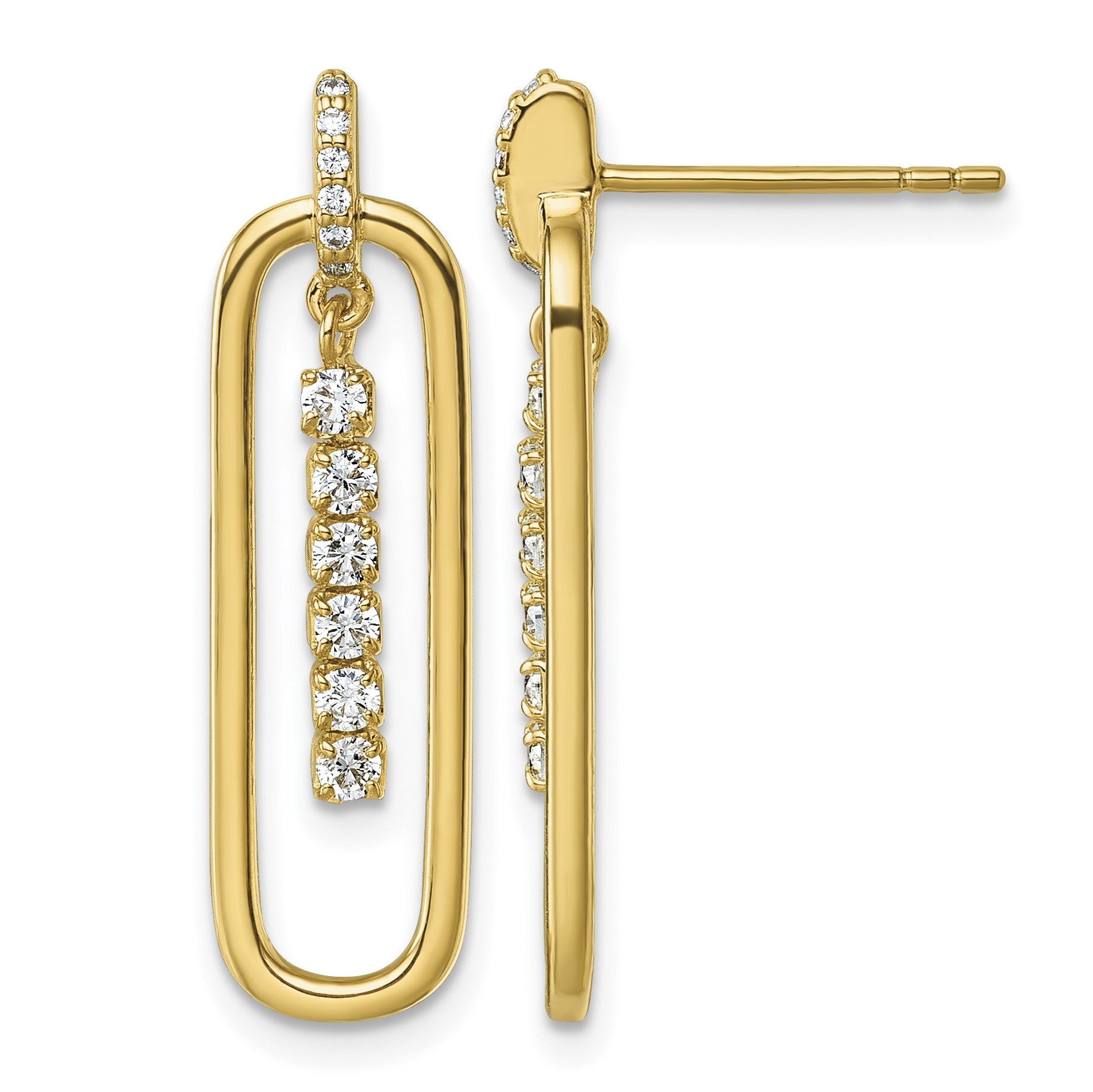 Sterling Silver Gold-tone with White CZ Oblong Dangle Post Earrings