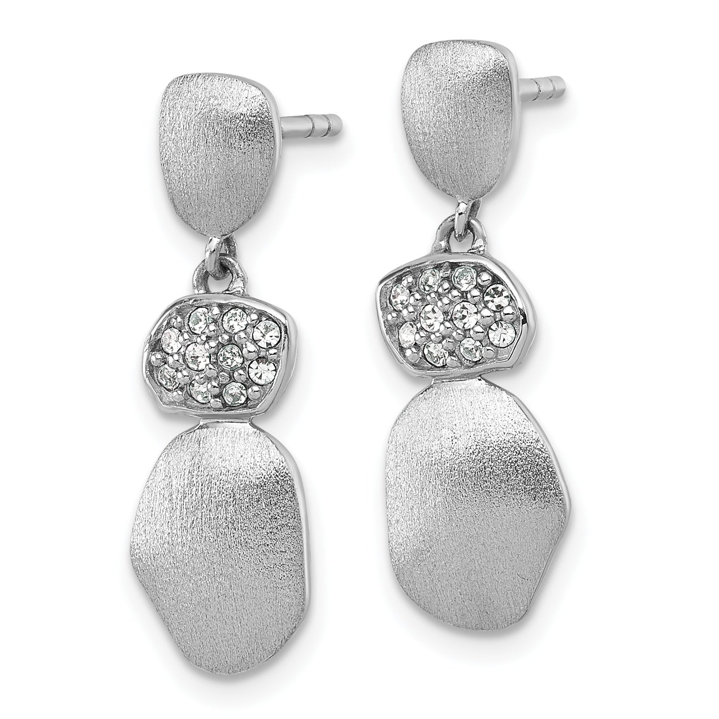 Sterling Silver Rhodium-plated Brushed and Polished Crystal Dangle Post Earrings