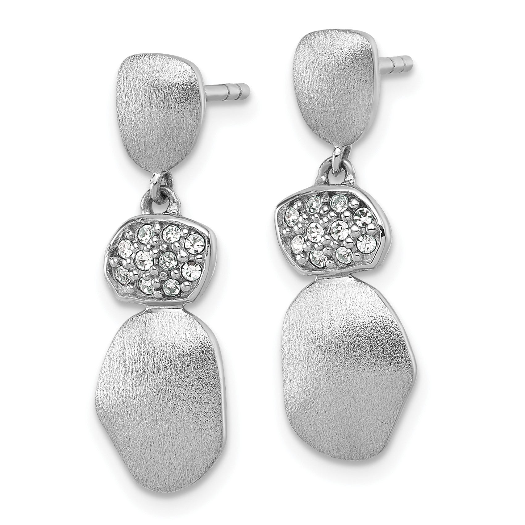 Sterling Silver Rhodium-plated Brushed and Polished Crystal Dangle Post Earrings