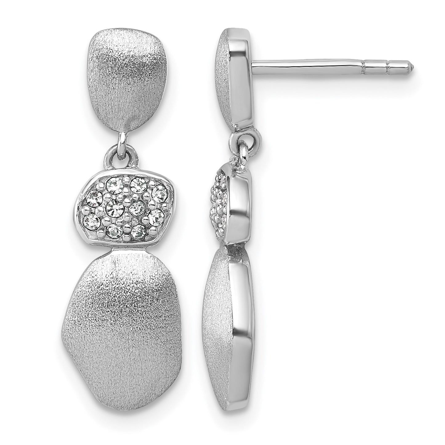 Sterling Silver Rhodium-plated Brushed and Polished Crystal Dangle Post Earrings
