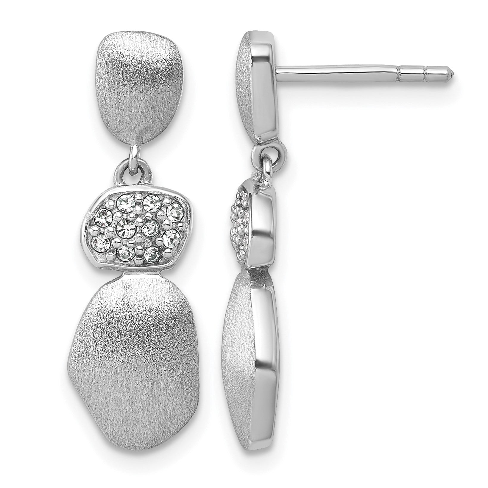 Sterling Silver Rhodium-plated Brushed and Polished Crystal Dangle Post Earrings
