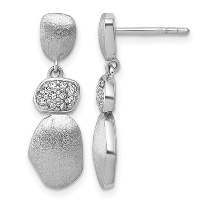 Sterling Silver Rhodium-plated Brushed and Polished Crystal Dangle Post Earrings