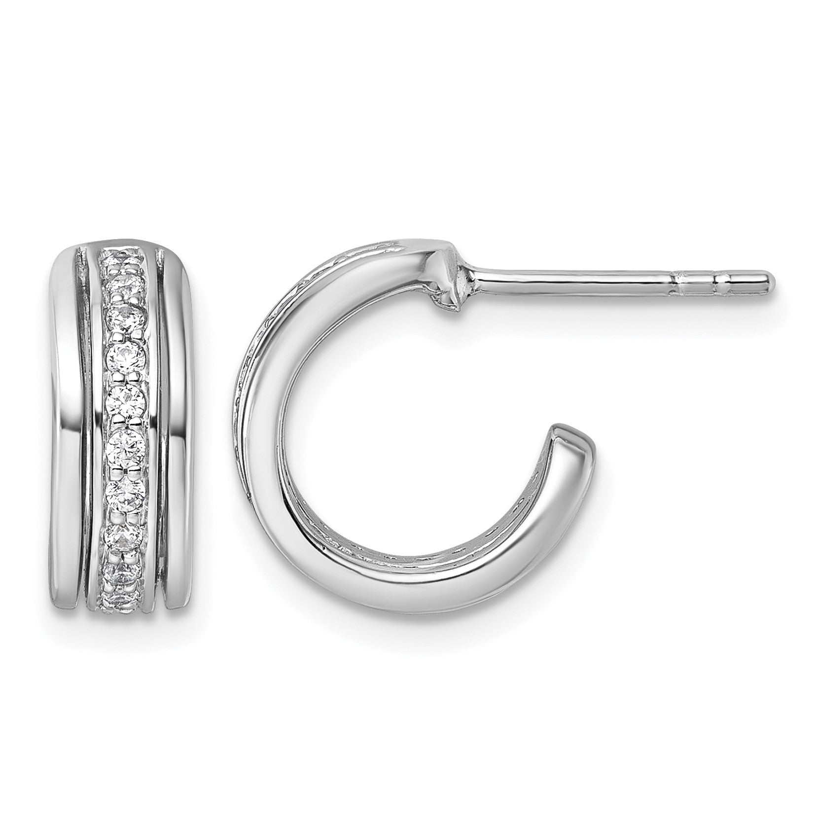 Sterling Silver Rhodium-plated Polished White CZ J-Hoop Post Earrings