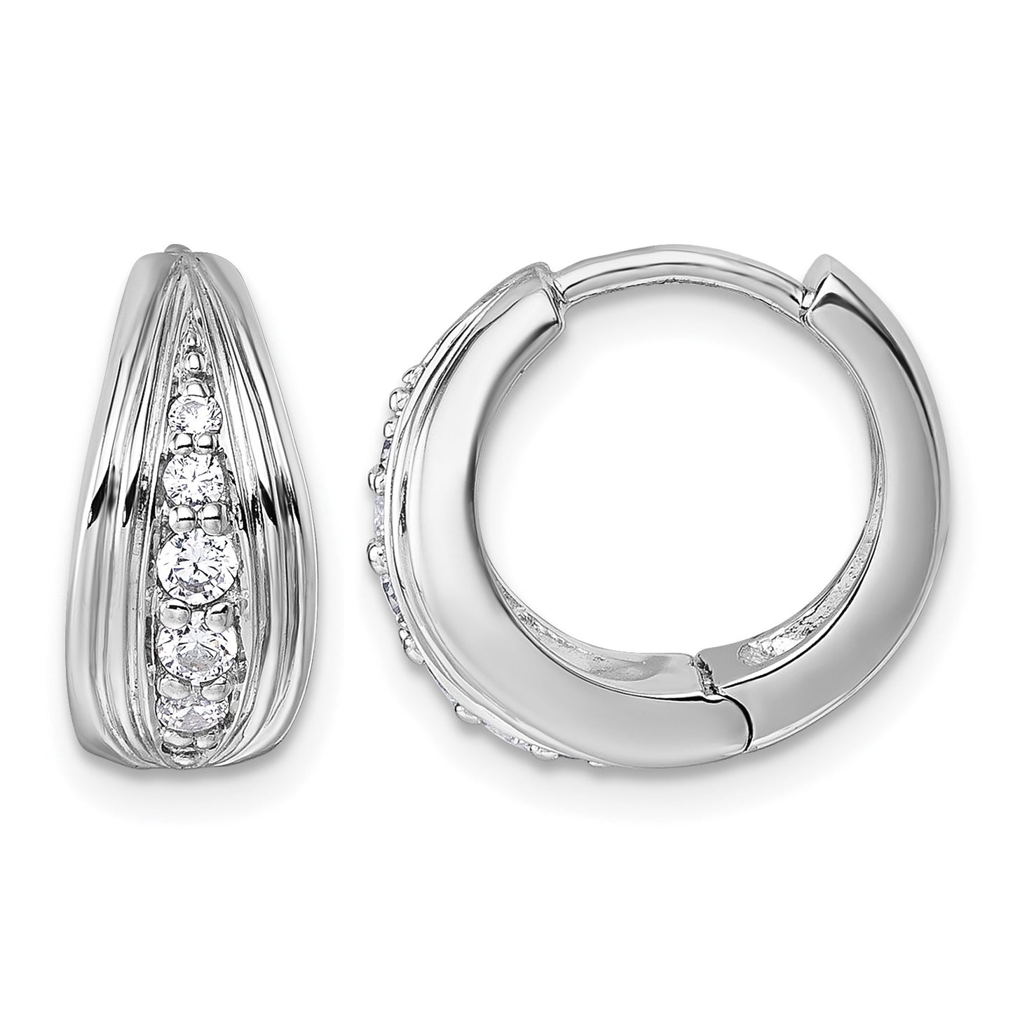 Sterling Silver Rhodium-plated Polished and Grooved White CZ Polished Hinged Hoop Earrings