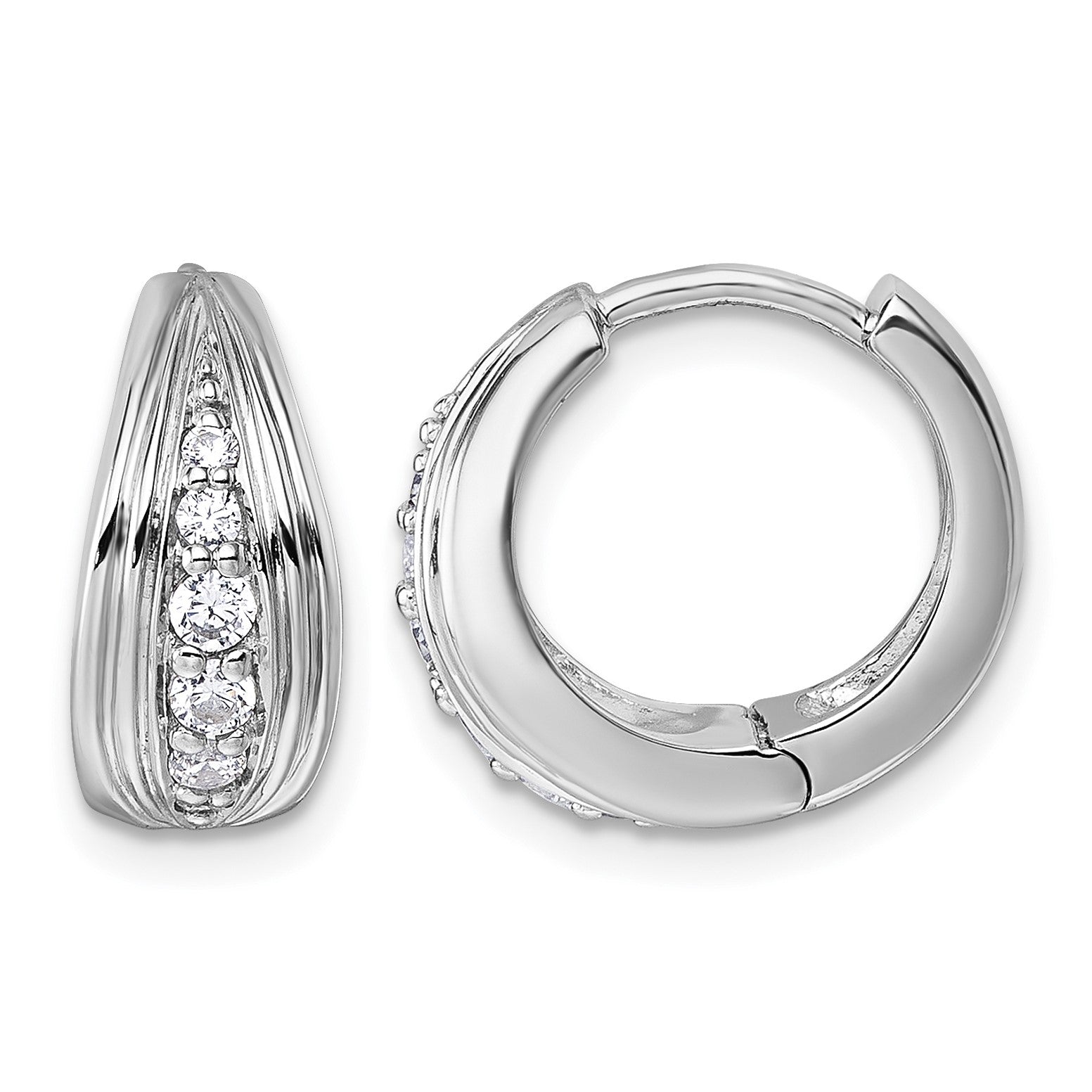 Sterling Silver Rhodium-plated Polished and Grooved White CZ Polished Hinged Hoop Earrings