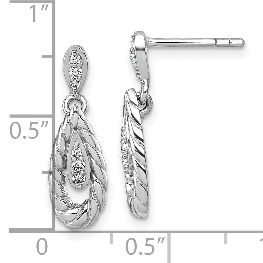Sterling Silver Rhodium-plated Polished CZ Twisted Teardrop Dangle Post Earrings