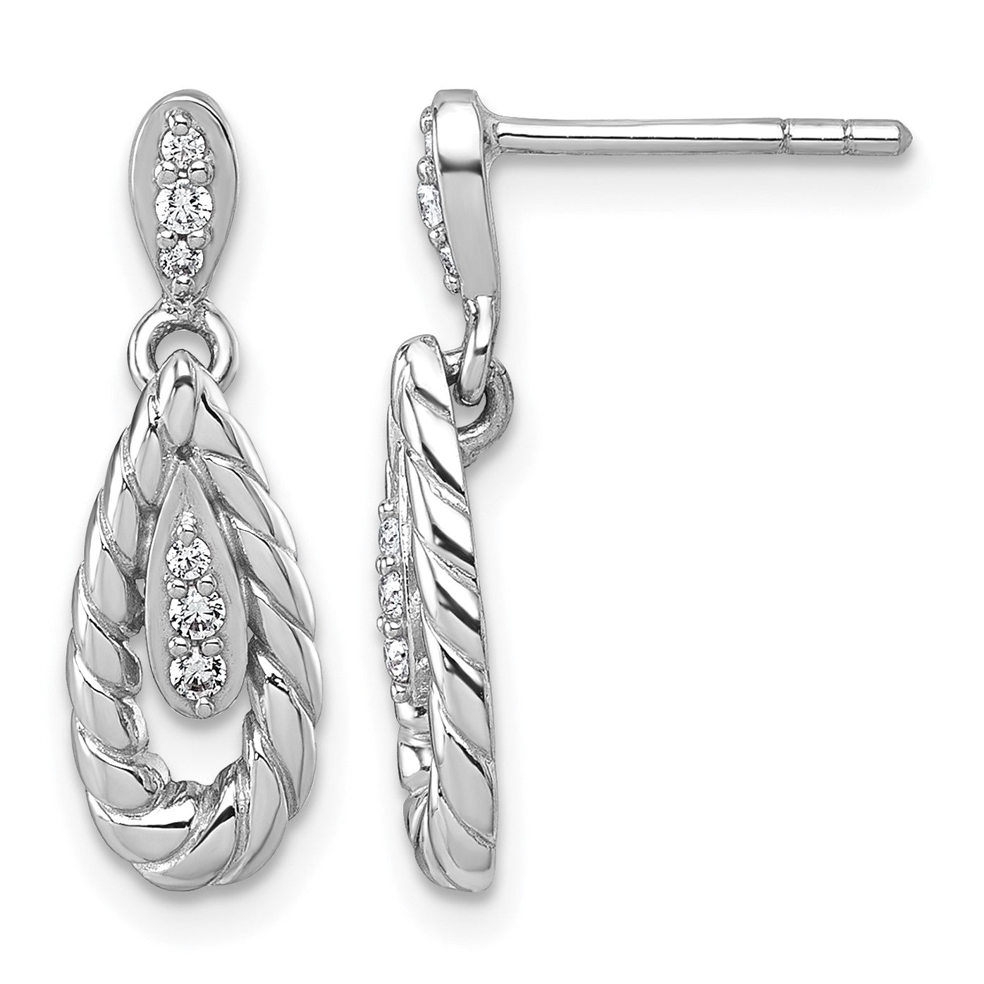 Sterling Silver Rhodium-plated Polished CZ Twisted Teardrop Dangle Post Earrings