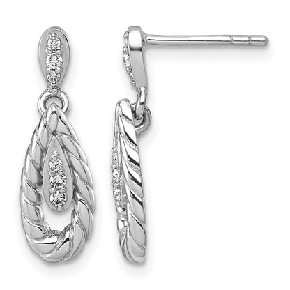 Sterling Silver Rhodium-plated Polished CZ Twisted Teardrop Dangle Post Earrings