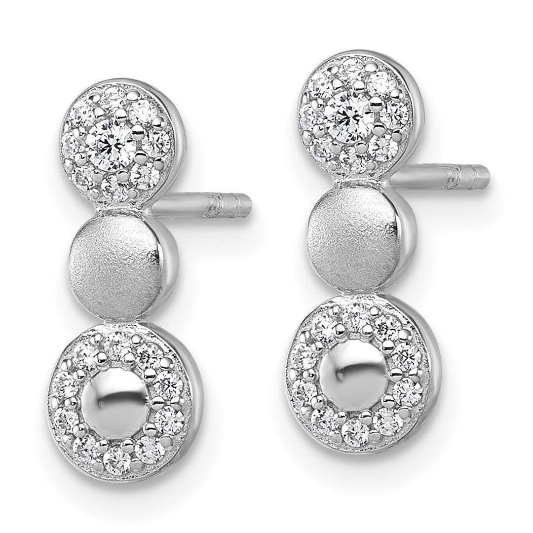 Sterling Silver Rhodium-plated Polished and Satin CZ  3-Circles Post Earrings