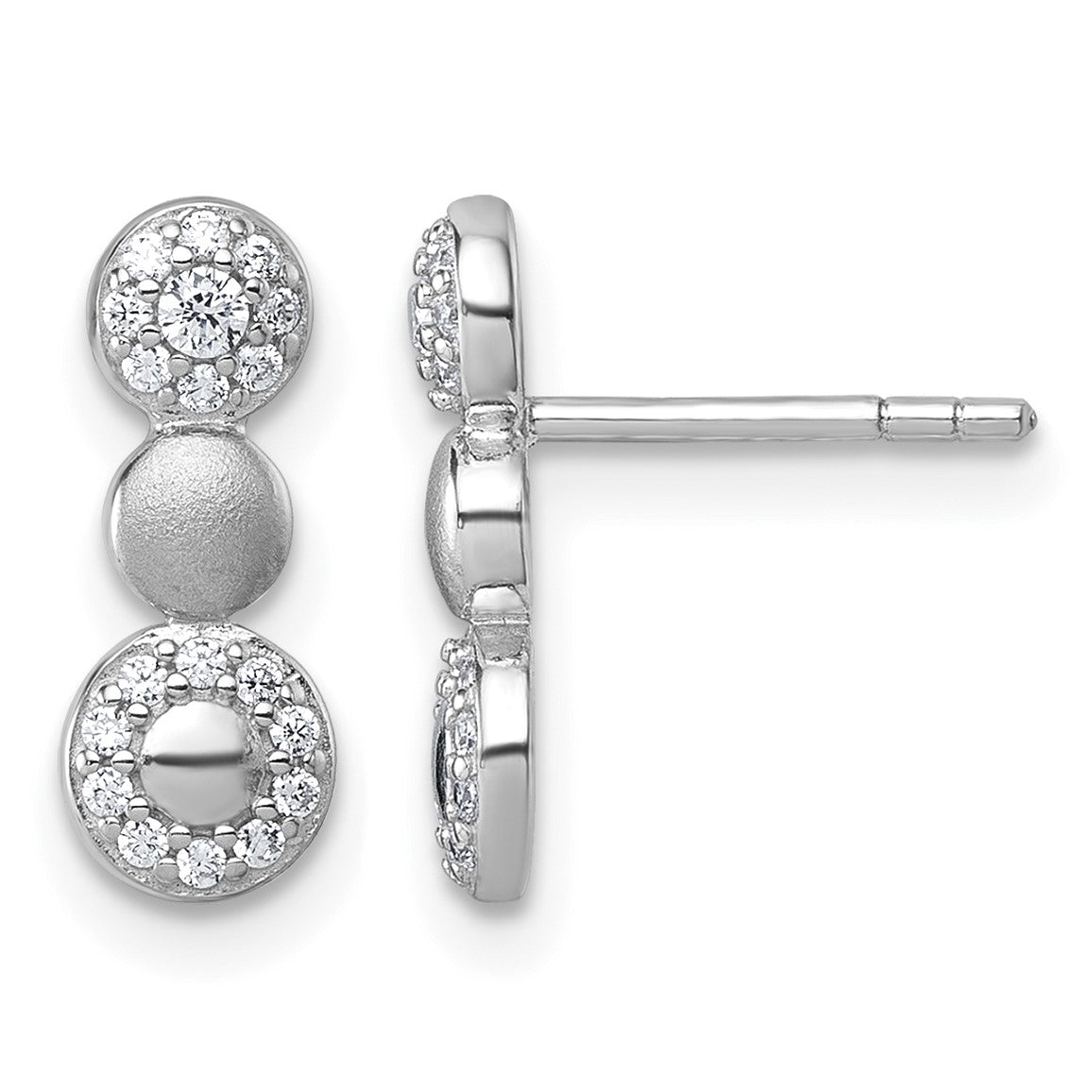 Sterling Silver Rhodium-plated Polished and Satin CZ  3-Circles Post Earrings