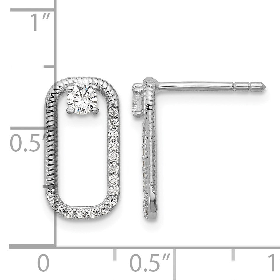 Sterling Silver Rhodium-plated CZ Textured Rectangle Post Earrings