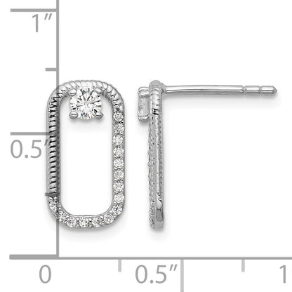 Sterling Silver Rhodium-plated CZ Textured Rectangle Post Earrings