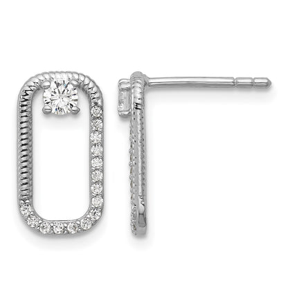 Sterling Silver Rhodium-plated CZ Textured Rectangle Post Earrings