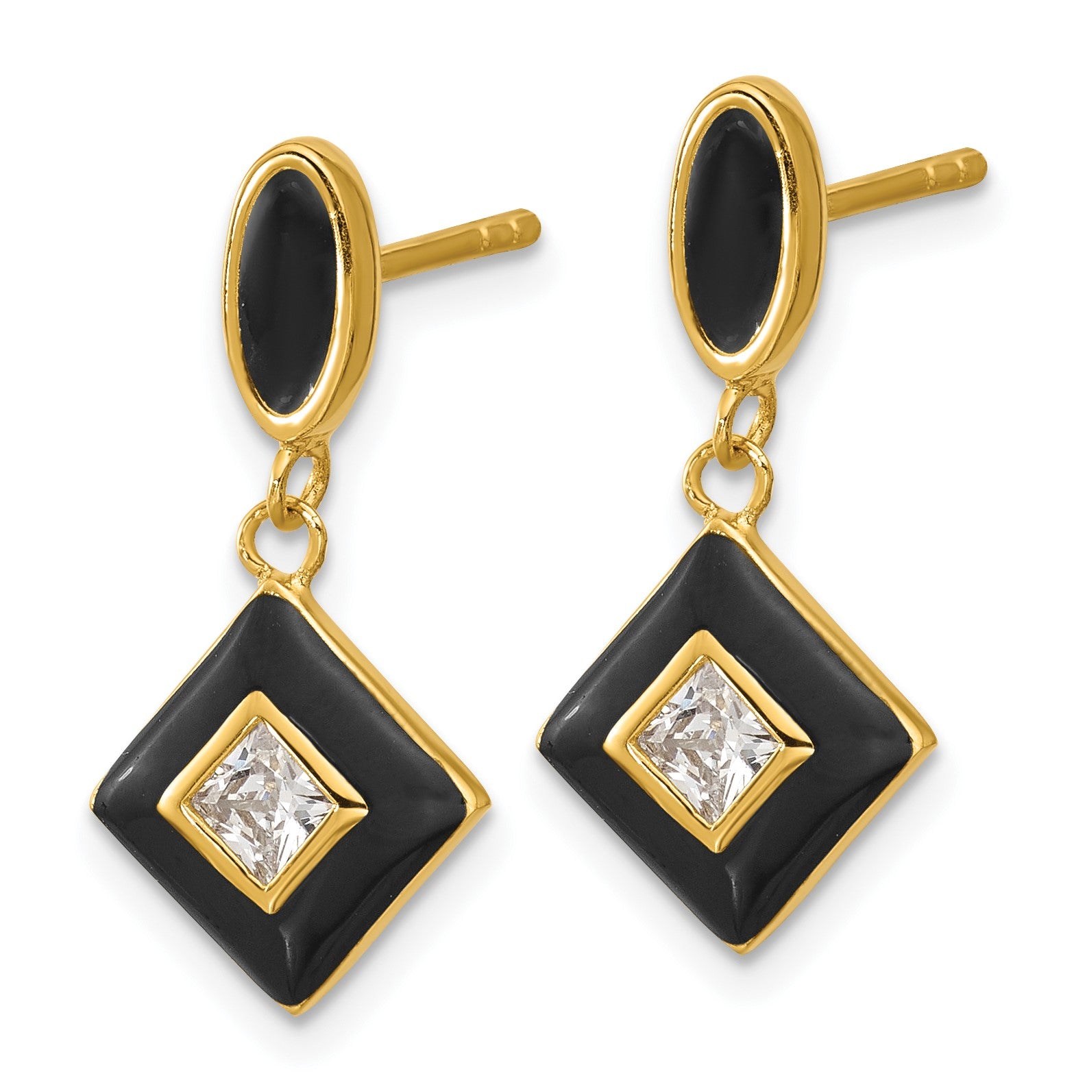 Sterling Silver Gold-plated CZ and Black Enameled Dangle Post Earrings