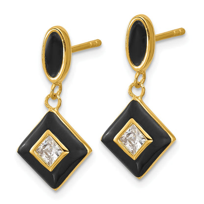Sterling Silver Gold-plated CZ and Black Enameled Dangle Post Earrings
