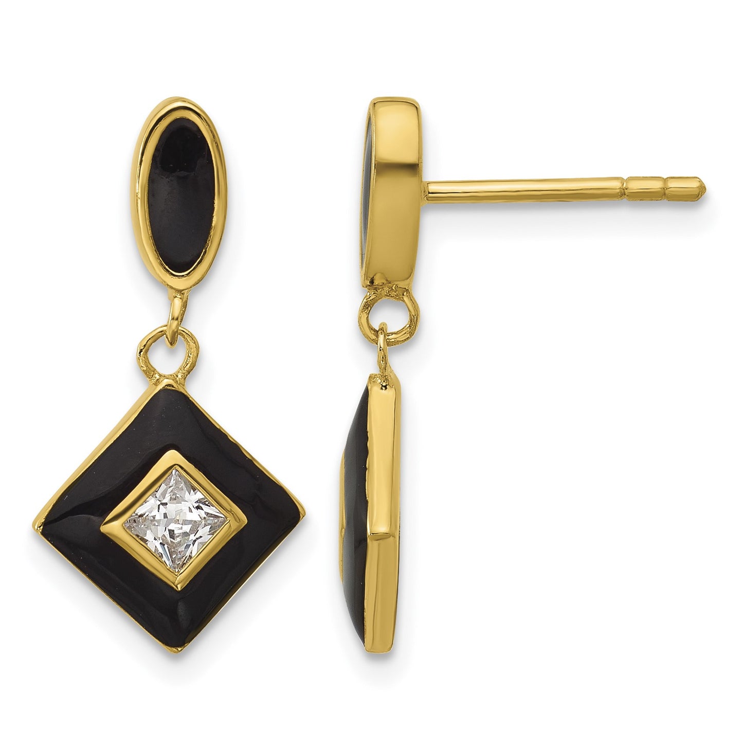 Sterling Silver Gold-plated CZ and Black Enameled Dangle Post Earrings