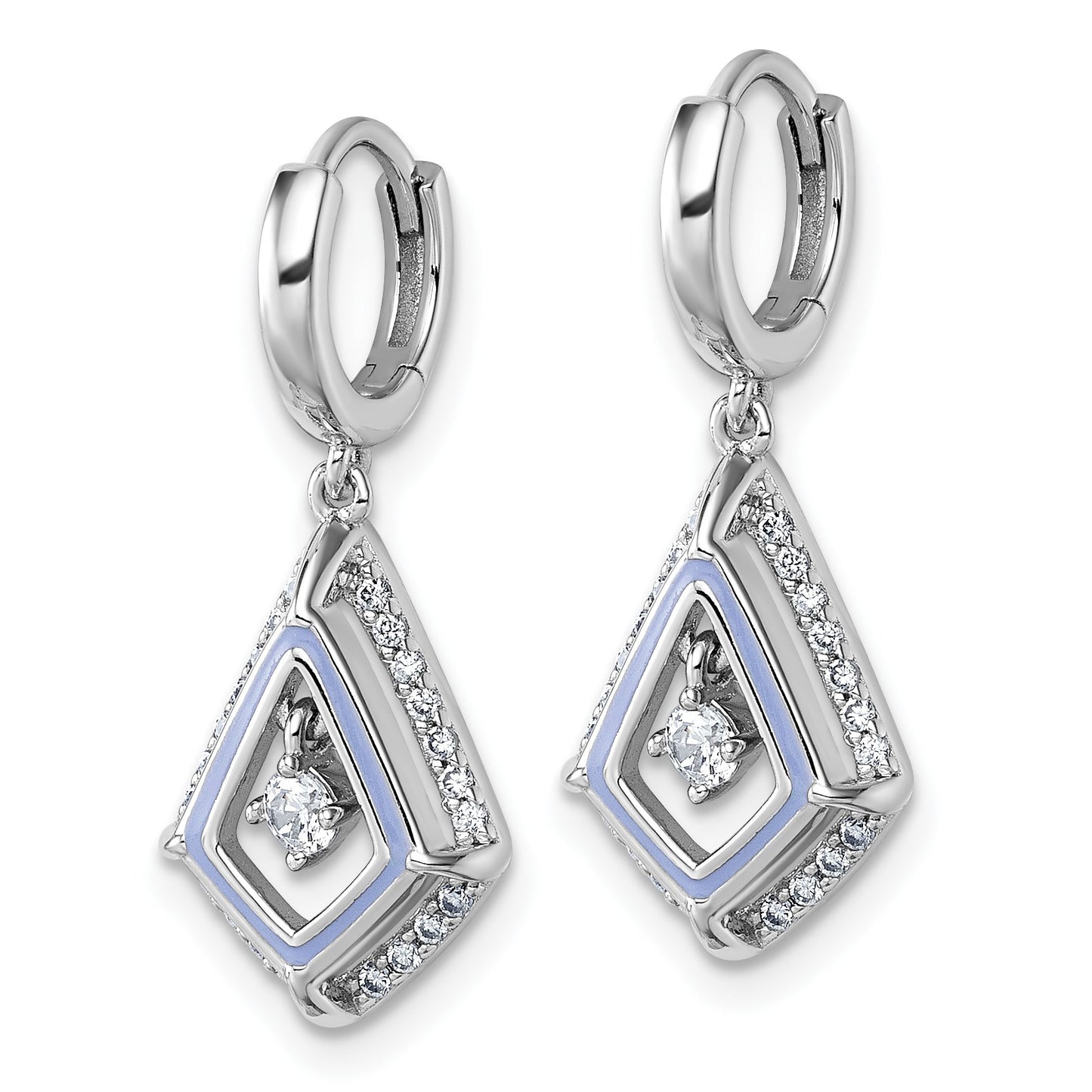 Sterling Silver Rhodium-plated Vibrant Moving CZ with Light Purple Enamel Kite-shape Dangle Hinged Hoop Earrings