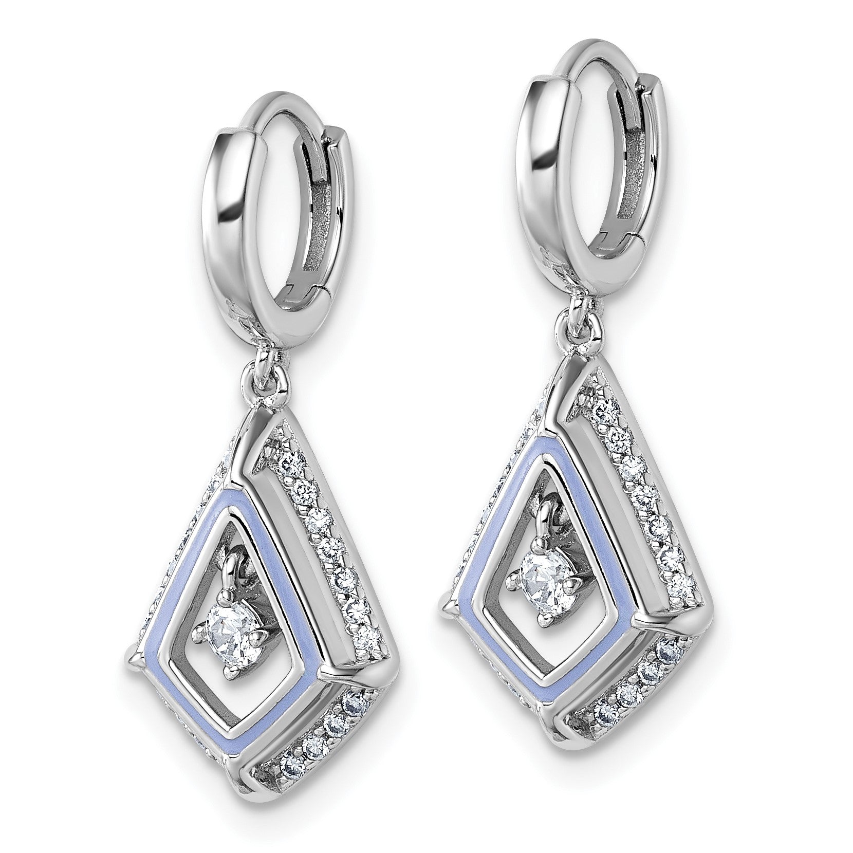 Sterling Silver Rhodium-plated Vibrant Moving CZ with Light Purple Enamel Kite-shape Dangle Hinged Hoop Earrings