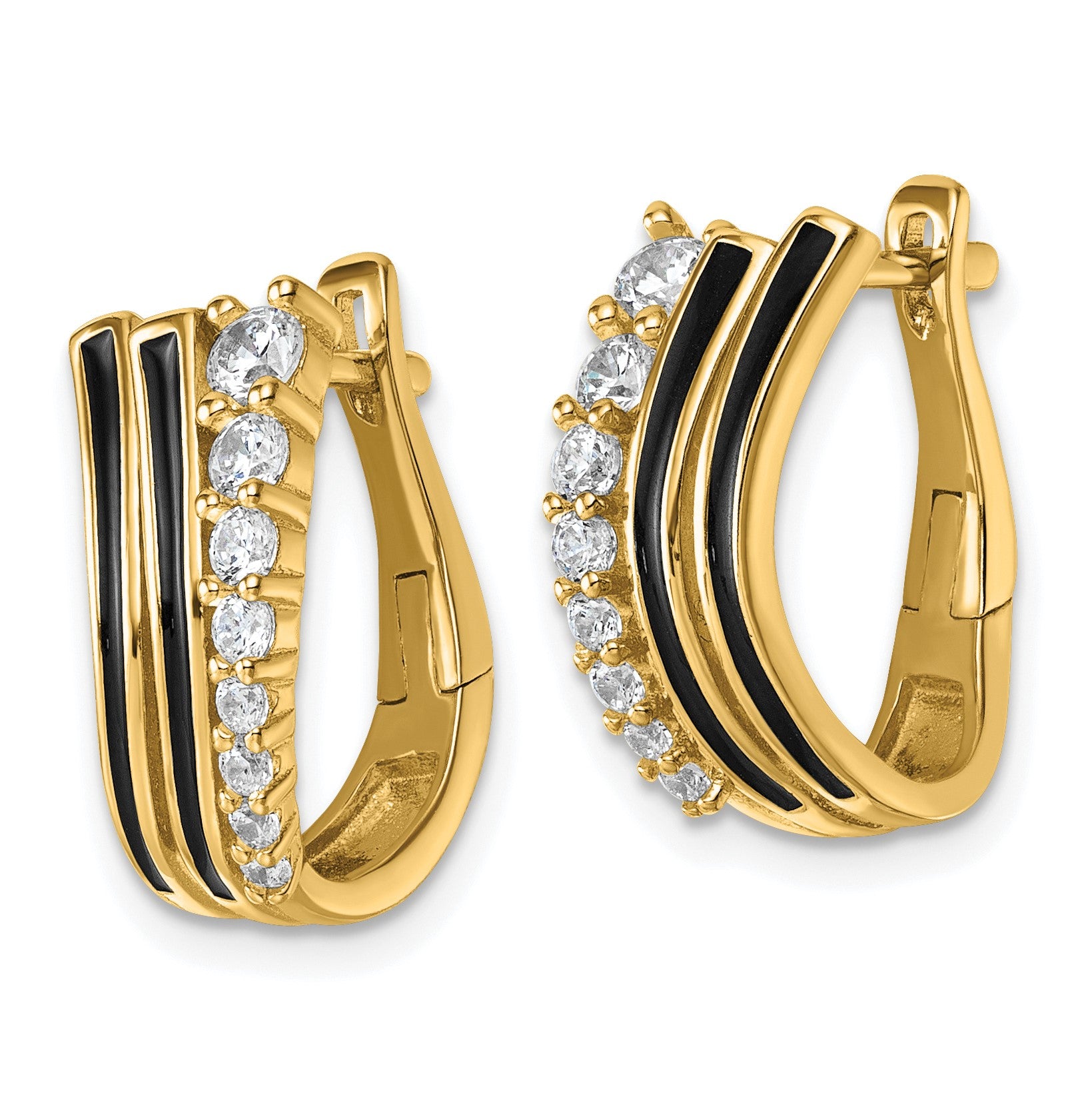 Sterling Silver Gold-tone Black Enamel and CZ Hinged Hoop Earrings