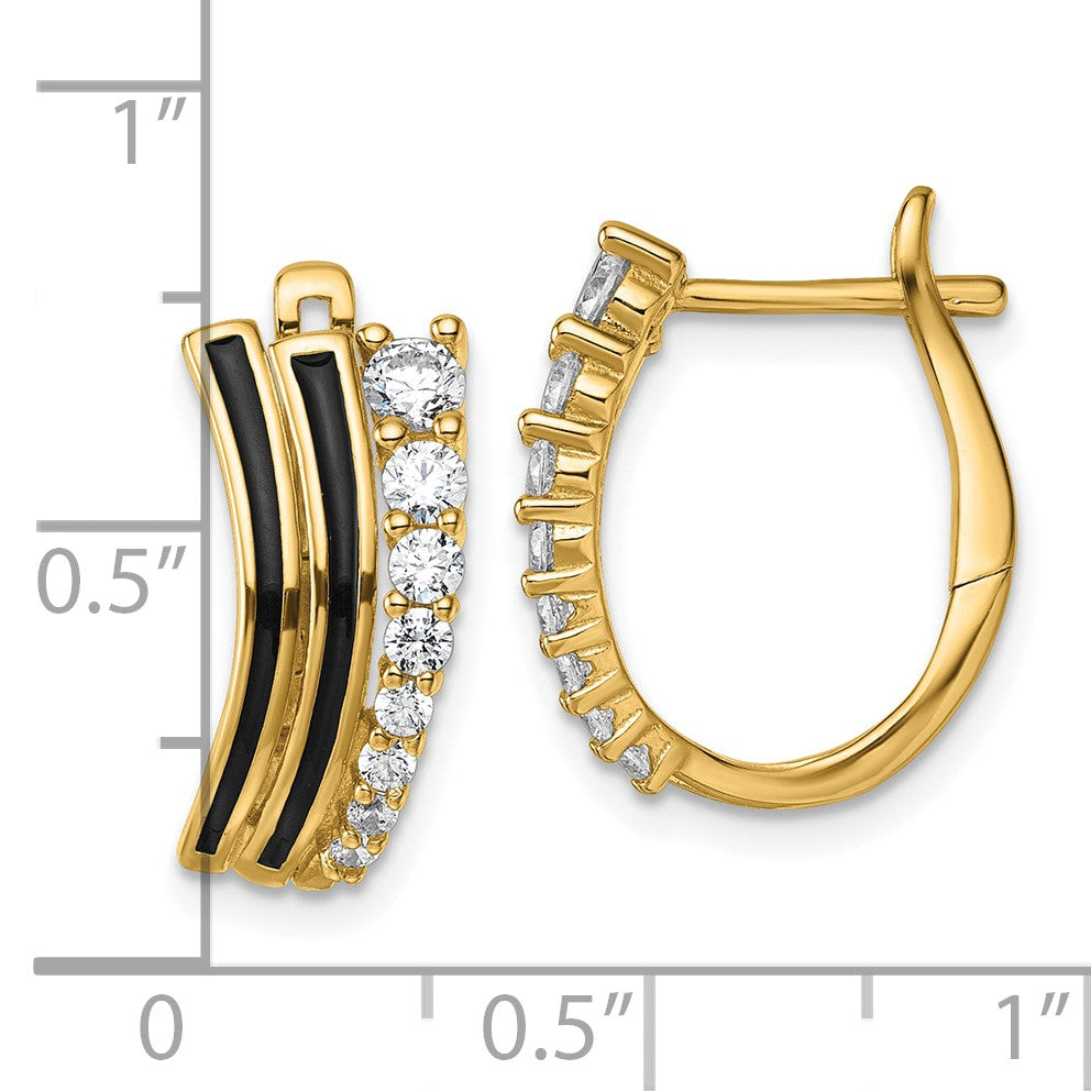 Sterling Silver Gold-tone Black Enamel and CZ Hinged Hoop Earrings