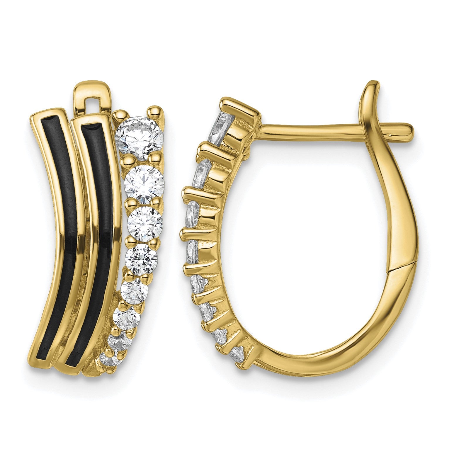 Sterling Silver Gold-tone Black Enamel and CZ Hinged Hoop Earrings