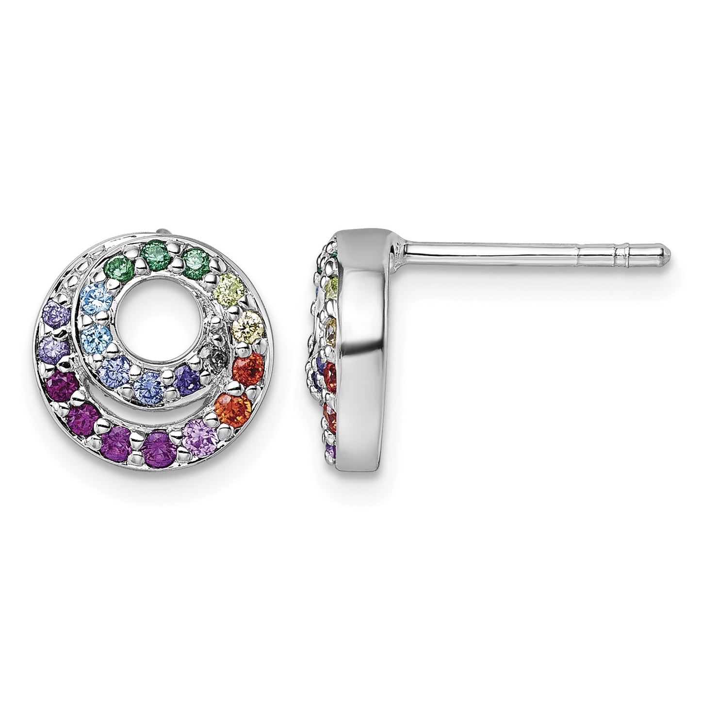 Sterling Silver Rhodium-plated Polished Rainbow CZ Double Circle Post Earrings