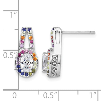 Sterling Silver Rhodium-plated Polished Multi-color Rainbow CZ Oval Halo Post Earrings