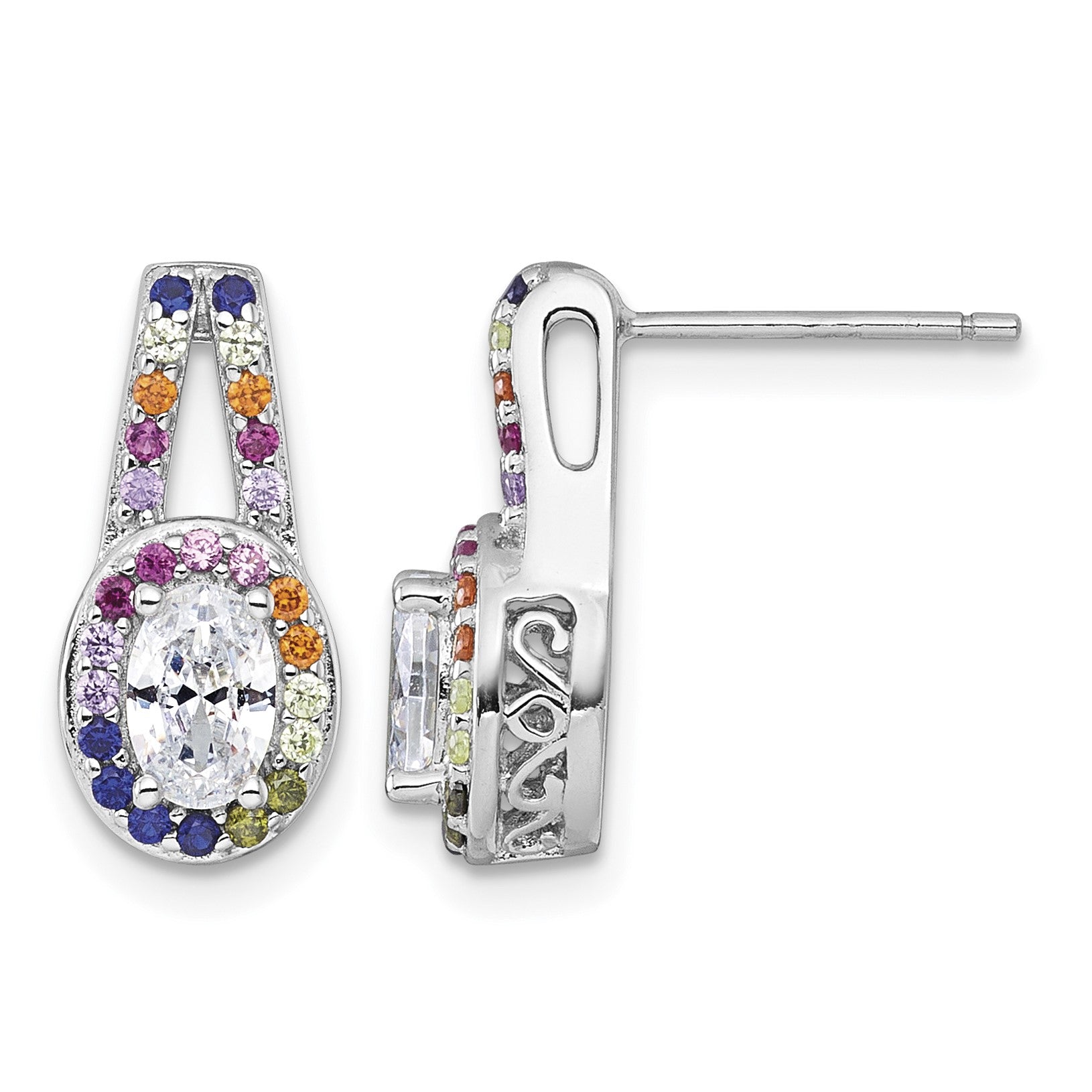 Sterling Silver Rhodium-plated Polished Multi-color Rainbow CZ Oval Halo Post Earrings
