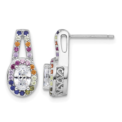Sterling Silver Rhodium-plated Polished Multi-color Rainbow CZ Oval Halo Post Earrings