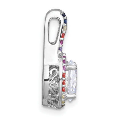 Sterling Silver Rhodium-plated Polished Multi-color Rainbow CZ Oval Halo Chain Slide Pendant