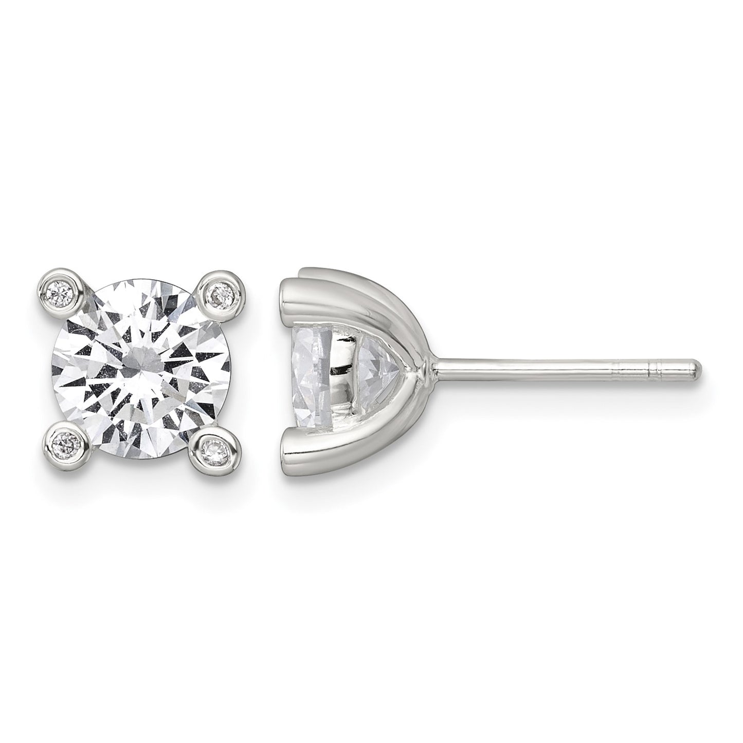 Sterling Silver Polished CZ with 4 CZ Prongs Post Earrings
