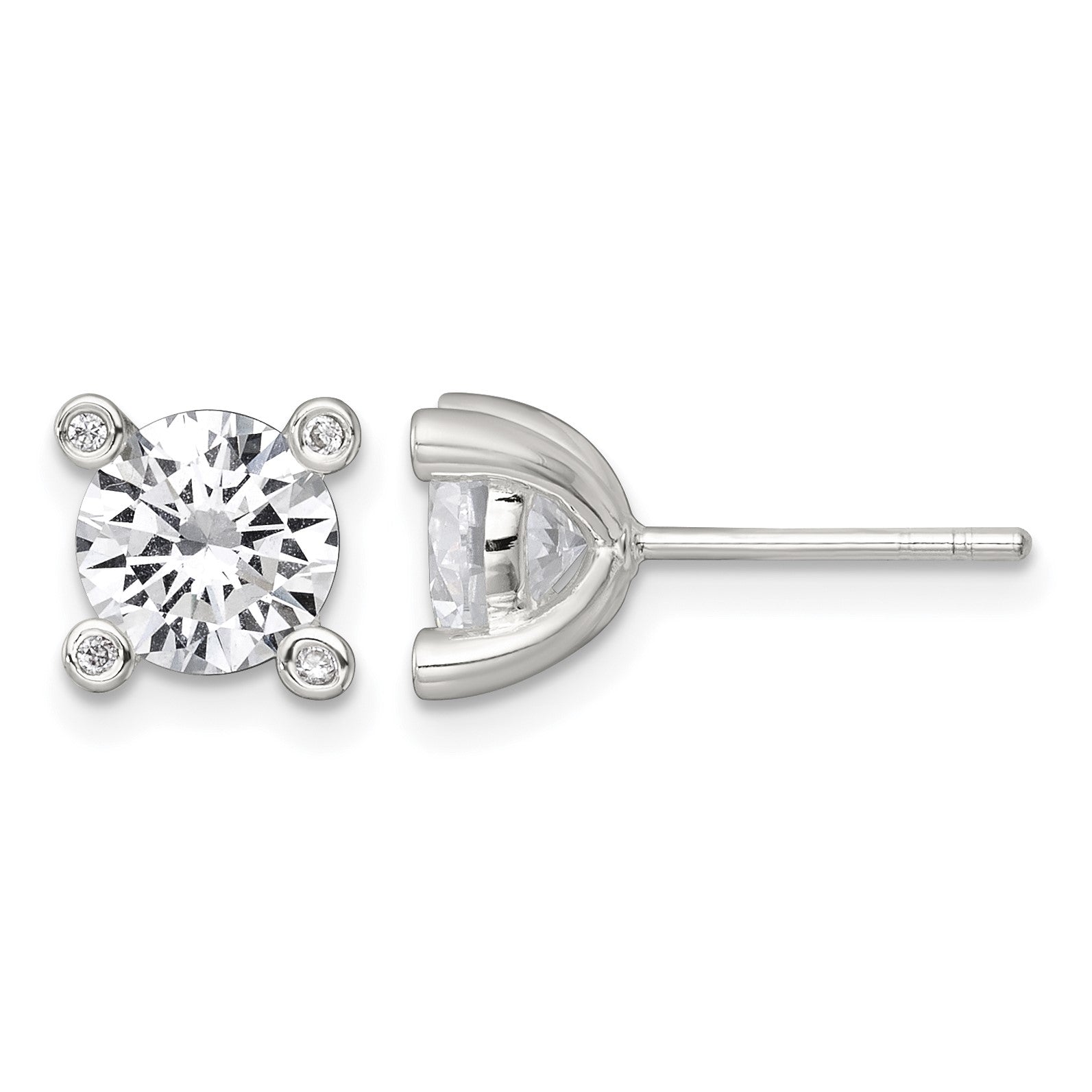Sterling Silver Polished CZ with 4 CZ Prongs Post Earrings