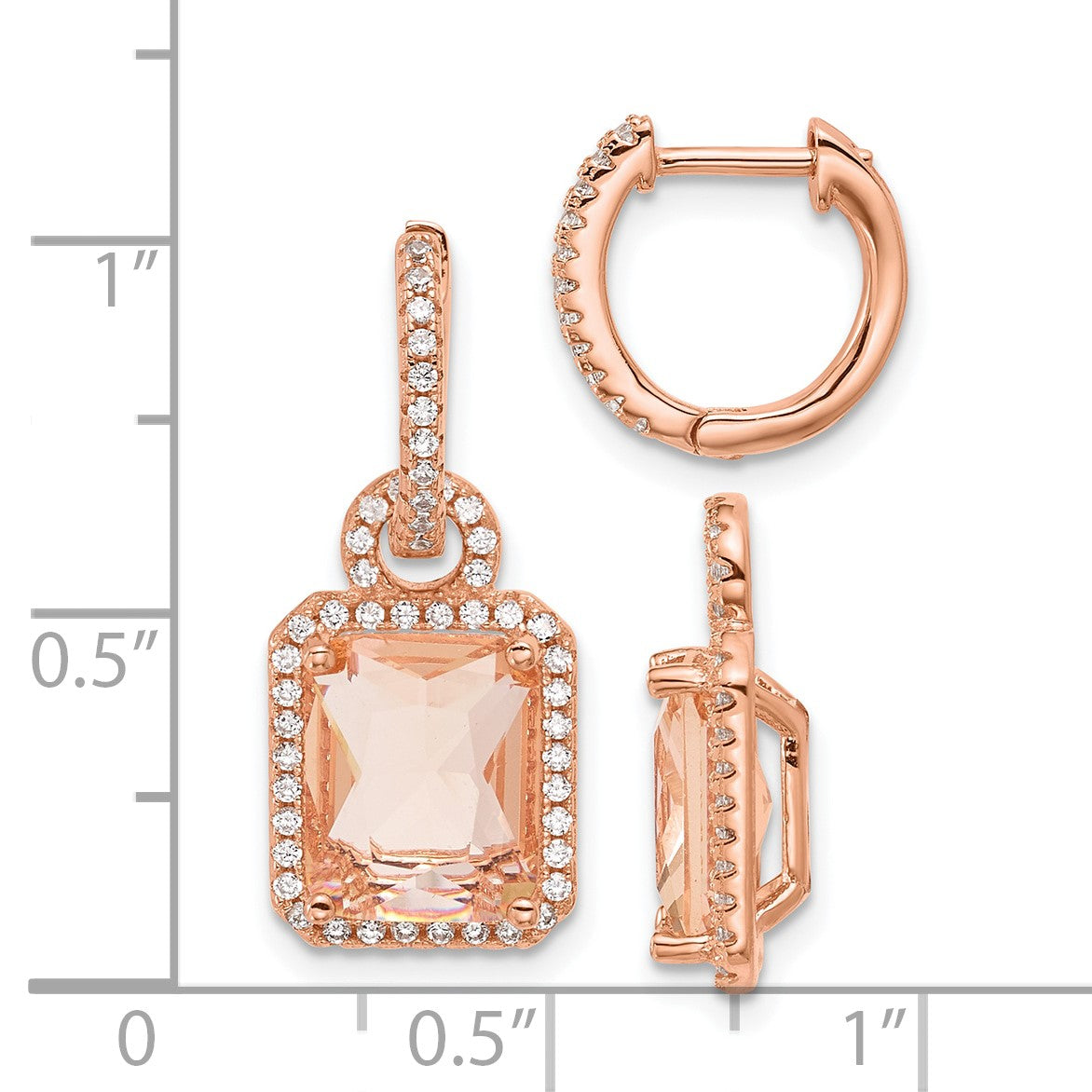 Sterling Silver Rose-tone Polished Pink Glass Stone and CZ Halo Removable Dangle on Round Hinged Hoop Earrings