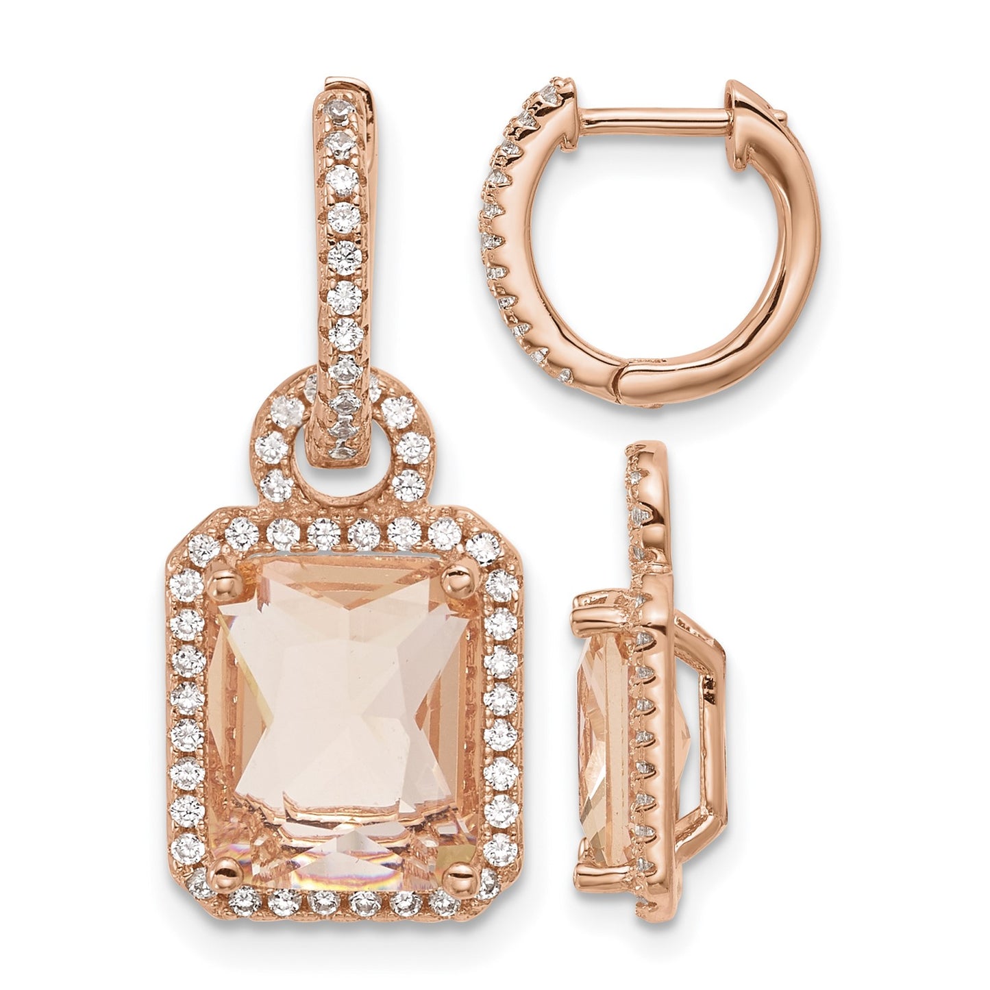 Sterling Silver Rose-tone Polished Pink Glass Stone and CZ Halo Removable Dangle on Round Hinged Hoop Earrings