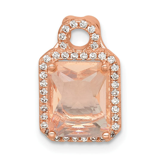 Sterling Silver Rose-tone Polished Pink Glass Stone and CZ Halo Chain Slide Pendant