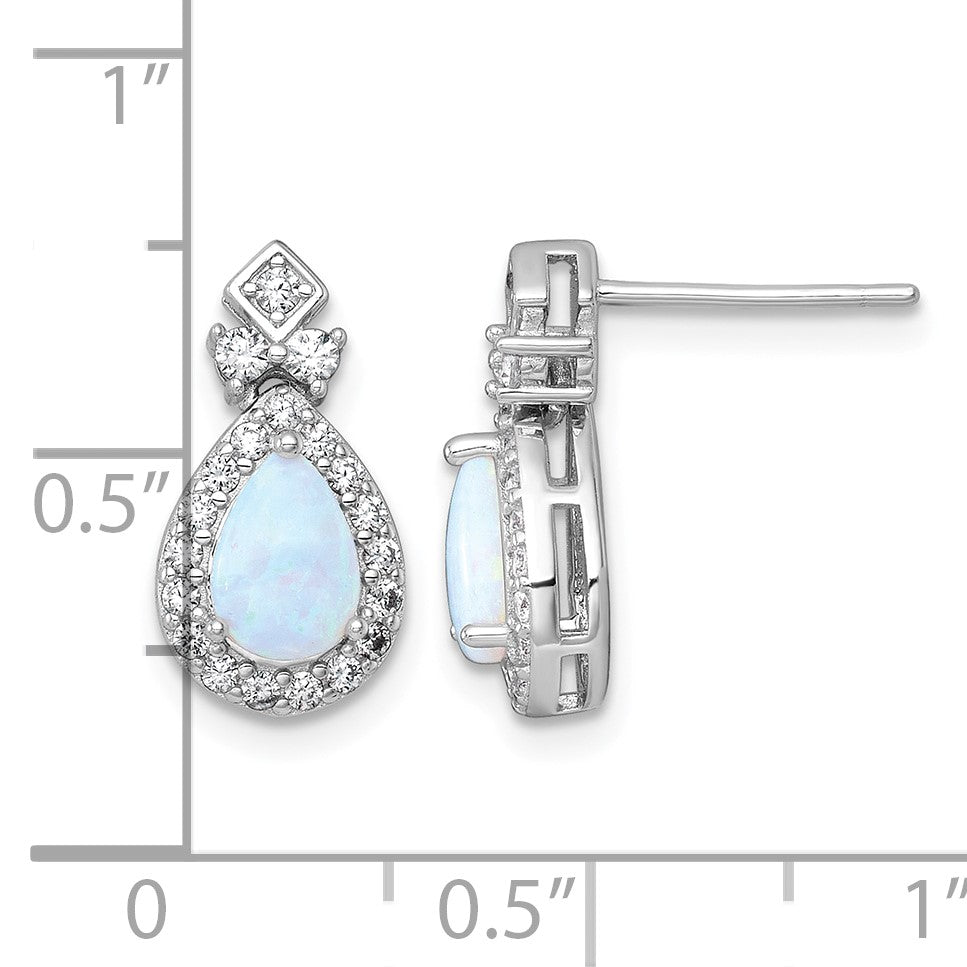 Sterling Silver Rhodium-plated Polished Lab Created Opal and CZ Teardrop Halo Dangle Post Earrings