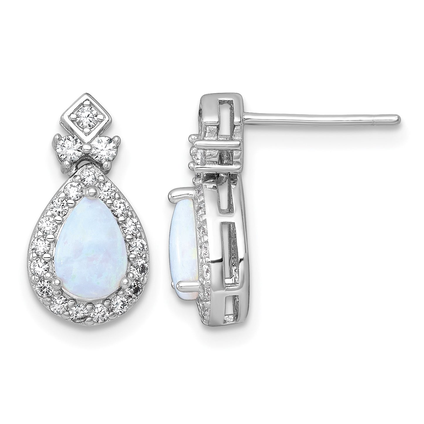 Sterling Silver Rhodium-plated Polished Lab Created Opal and CZ Teardrop Halo Dangle Post Earrings